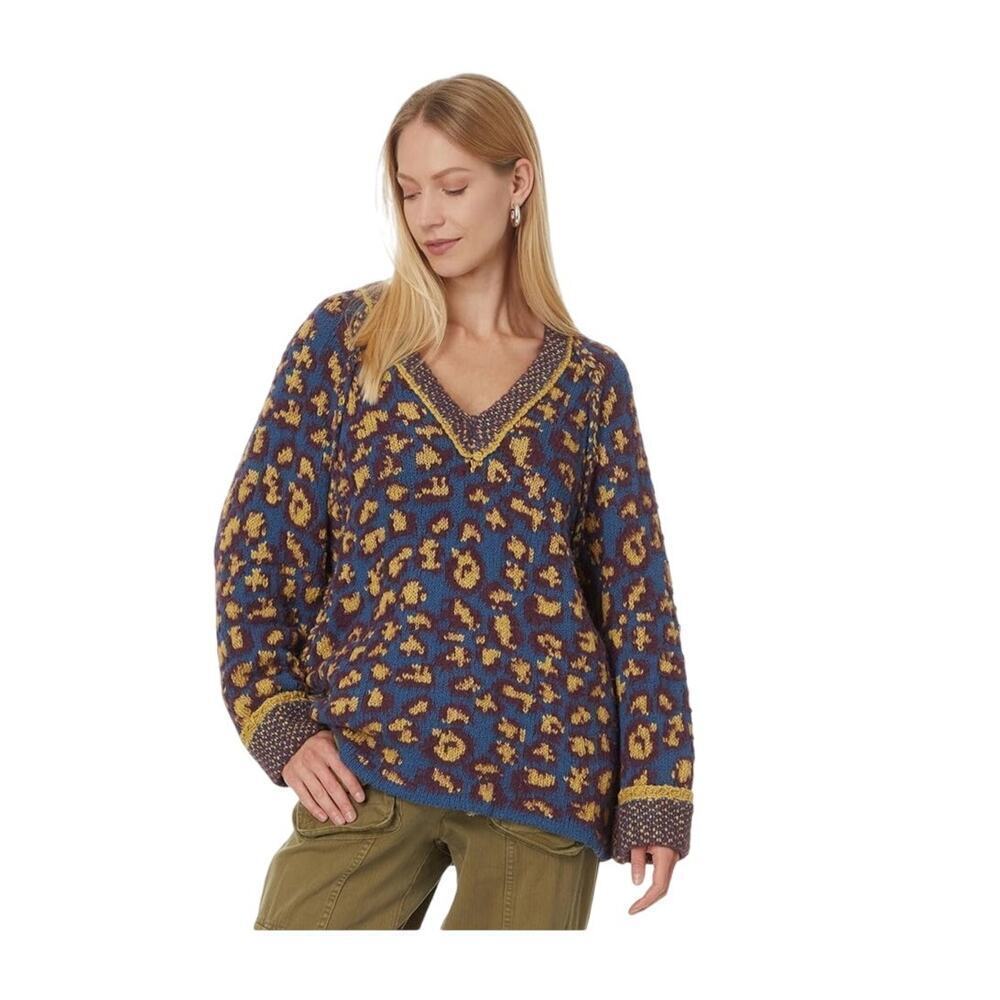NEW Free People Little Animal Pullover Blue Fig Combo Small